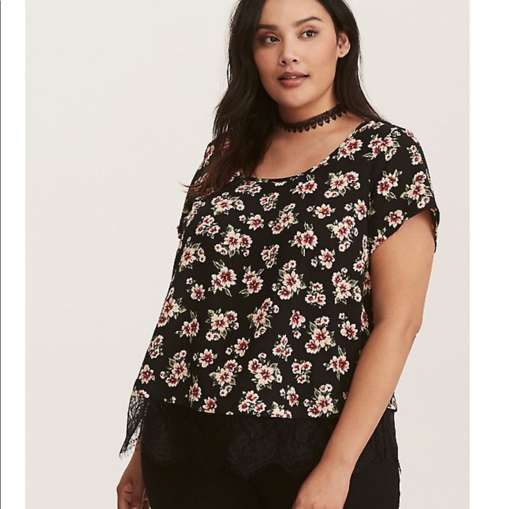 MULTI-COLOR FLORAL PRINT GEORGETTE LACE HEM TOP